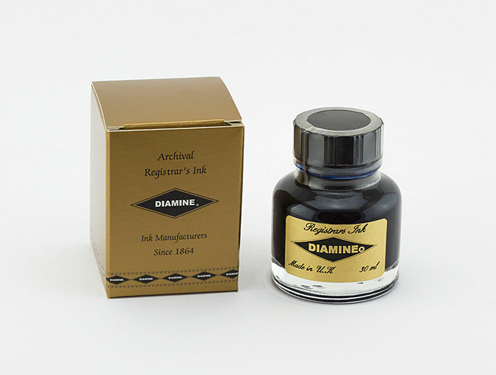 Diamine Archival Registrars fountain pen ink bottle and packaging on a white background.