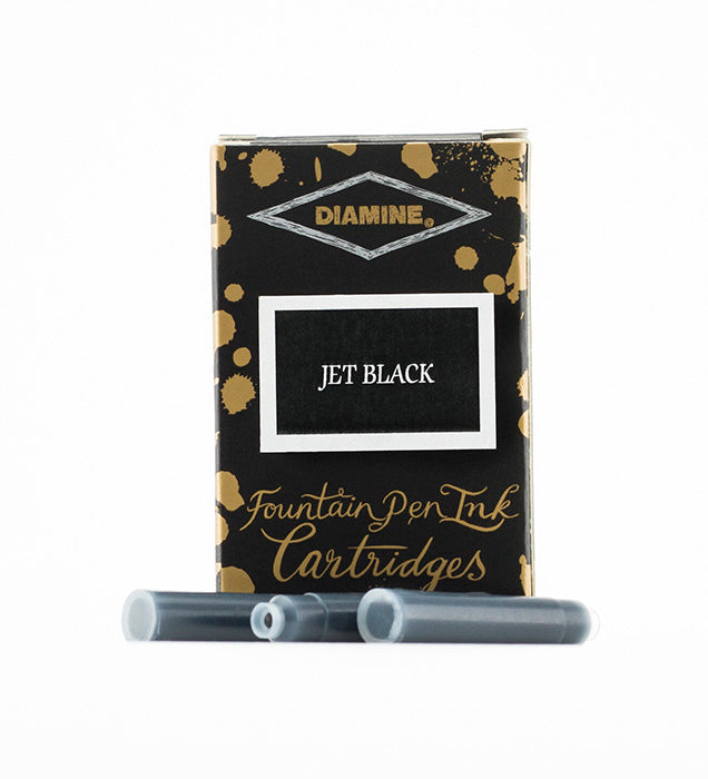 Diamine Jet Black fountain pen ink cartridges and packaging box on a white background.