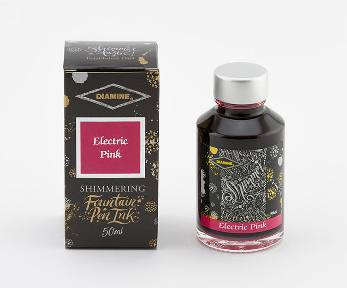 Diamine Electric Pink fountain pen ink bottle and packaging on a white background.