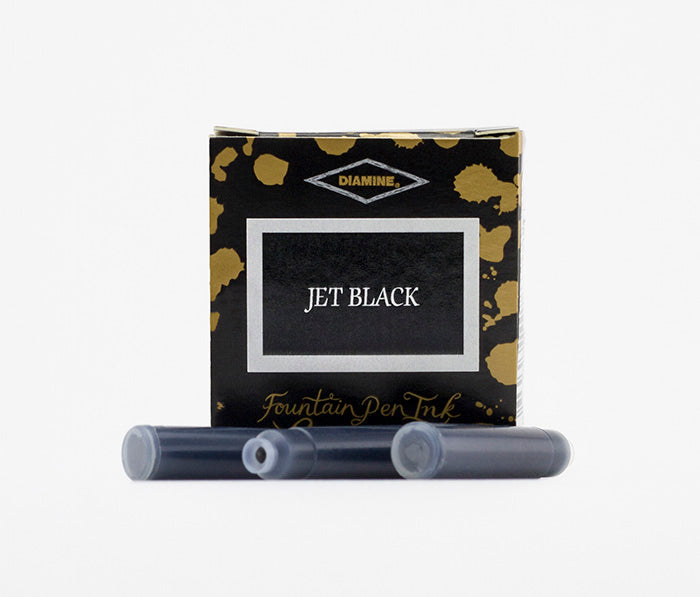 Diamine Jet Black fountain pen ink cartridges and packaging box on a white background.