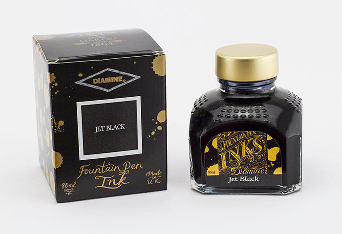 Diamine Jet Black fountain pen ink bottle and packaging on a white background.