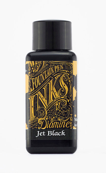 Diamine Jet Black fountain pen ink bottle and packaging on a white background.