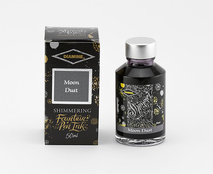 Diamine Moon Dust fountain pen ink bottle and packaging on a white background.