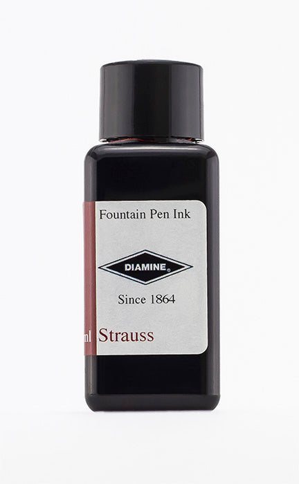 Diamine Strauss fountain pen ink bottle and packaging on a white background.