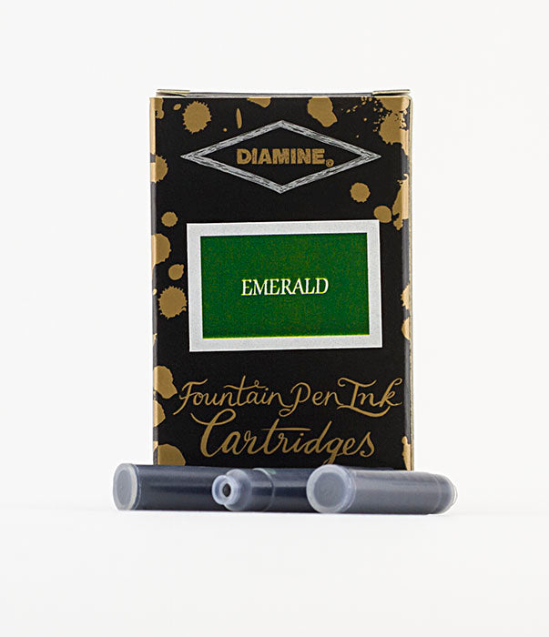 Diamine Emerald fountain pen ink cartridges and packaging box on a white background.