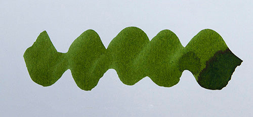 Wavy green line on a white background. Diamine Mistletoe fountain pen ink colour swatch.