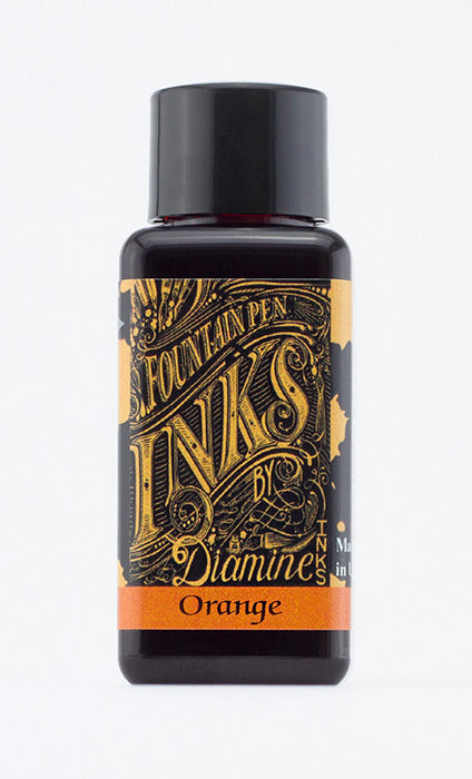 Diamine Orange fountain pen ink bottle and packaging on a white background.