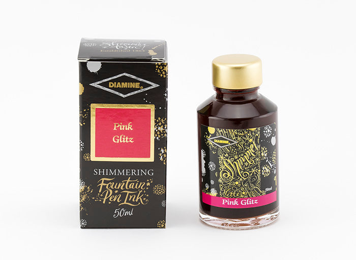 Diamine Pink Glitz fountain pen ink bottle and packaging on a white background.