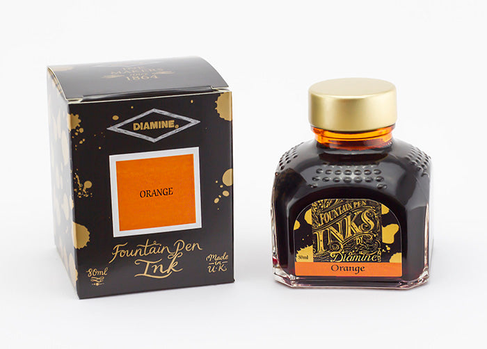 Diamine Orange fountain pen ink bottle and packaging on a white background.