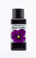 Diamine Pansy fountain pen ink bottle and packaging on a white background.