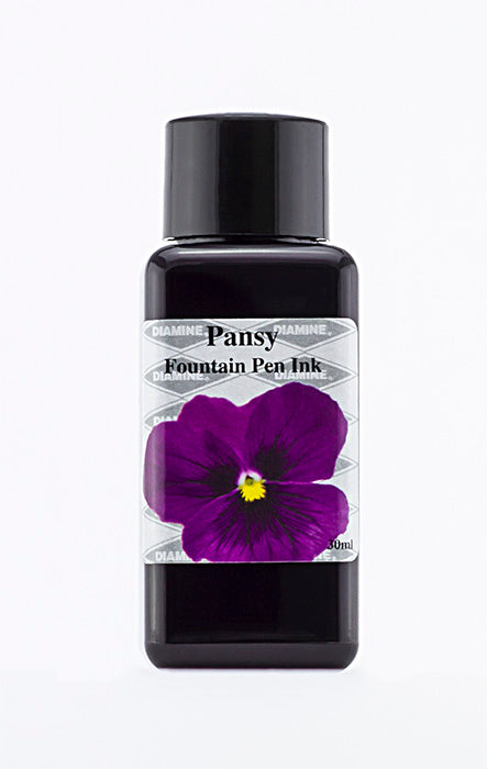 Diamine Pansy fountain pen ink bottle and packaging on a white background.