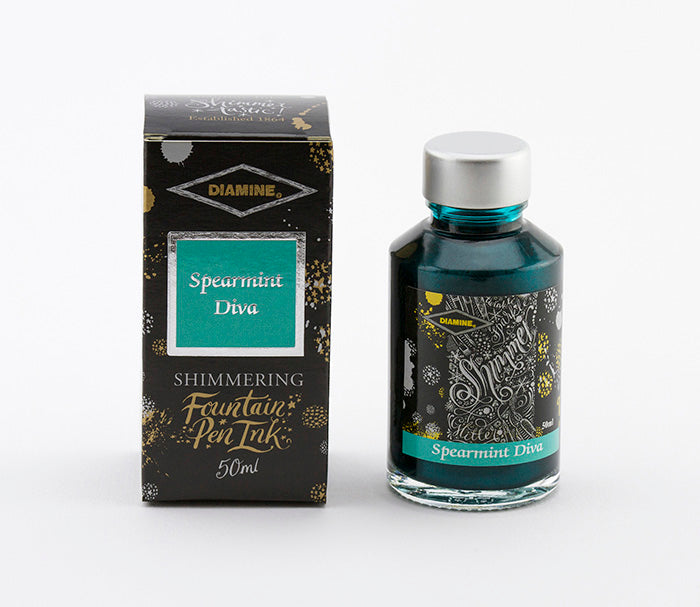 Diamine Spearmint Diva fountain pen ink bottle and packaging on a white background.