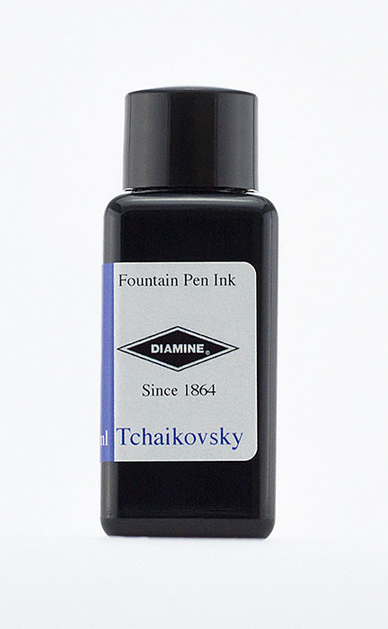 Diamine Tchaikovsky fountain pen ink bottle and packaging on a white background.