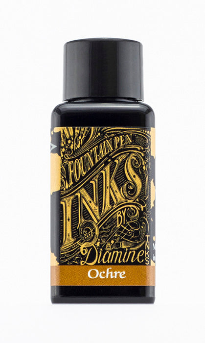 Diamine Ochre fountain pen ink bottle and packaging on a white background.