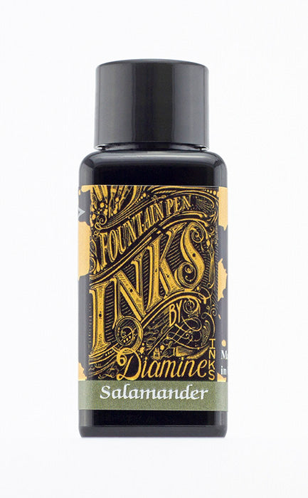 Diamine Salamander fountain pen ink bottle and packaging on a white background.