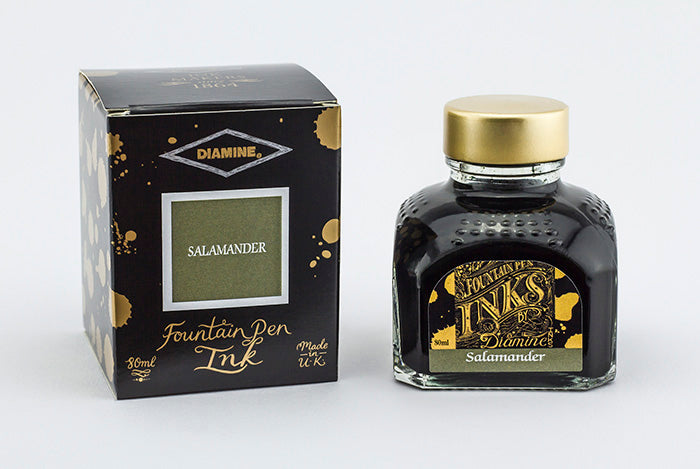 Diamine Salamander fountain pen ink bottle and packaging on a white background.