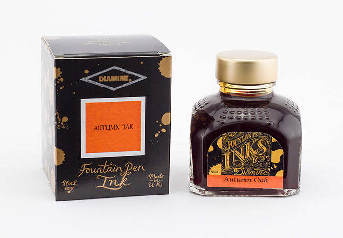 Diamine Autumn Oak fountain pen ink bottle and packaging on a white background.