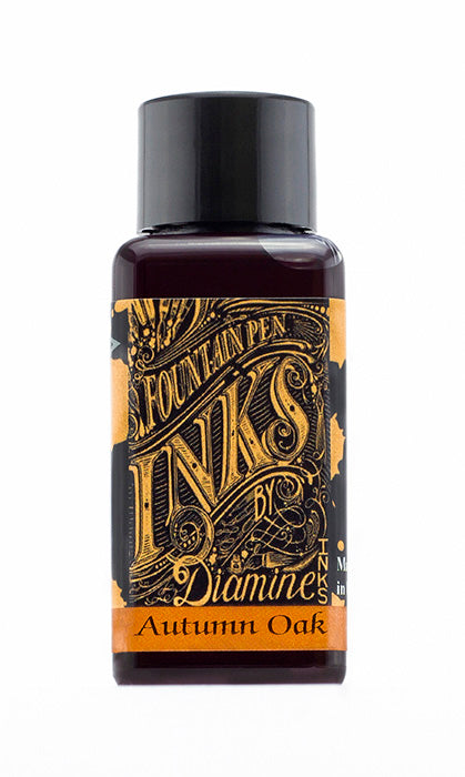 Diamine Autumn Oak fountain pen ink bottle and packaging on a white background.