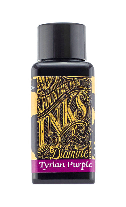 Diamine Tyrian Purple fountain pen ink bottle and packaging on a white background.