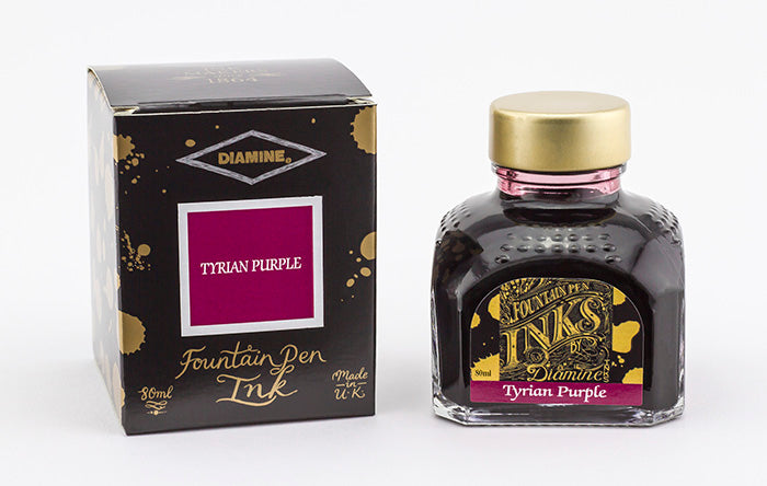 Diamine Tyrian Purple fountain pen ink bottle and packaging on a white background.