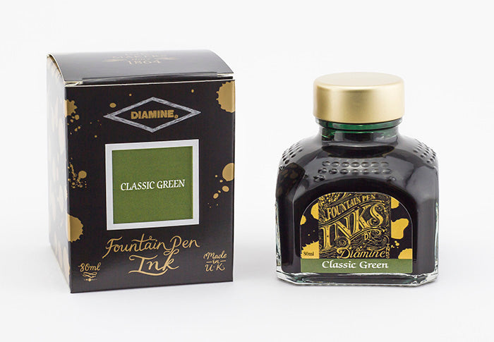 Diamine Classic Green fountain pen ink bottle and packaging on a white background.