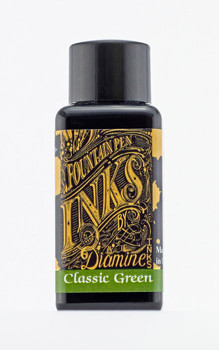 Diamine Classic Green fountain pen ink bottle and packaging on a white background.