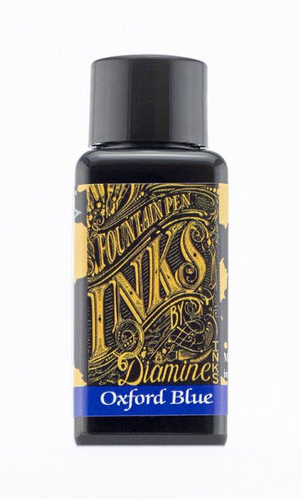 Diamine Oxford Blue fountain pen ink bottle and packaging on a white background.