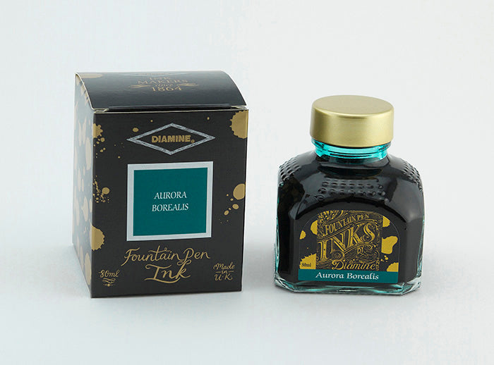 Diamine Aurora Borealis fountain pen ink bottle and packaging on a white background.