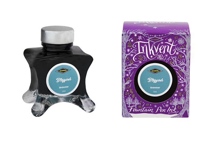 Diamine Blizzard fountain pen ink bottle and packaging on a white background.