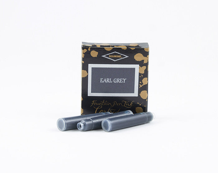 Diamine Earl Grey fountain pen ink cartridges and packaging box on a white background.