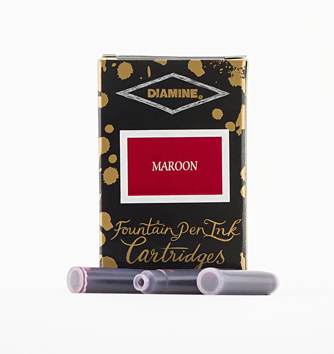 Diamine Maroon fountain pen ink cartridges and packaging box on a white background.