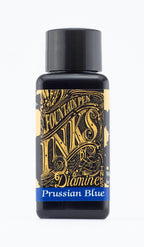 Diamine Prussian Blue fountain pen ink bottle and packaging on a white background.
