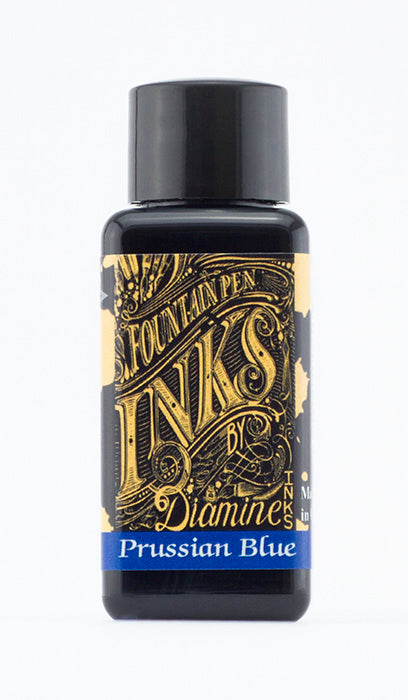 Diamine Prussian Blue fountain pen ink bottle and packaging on a white background.