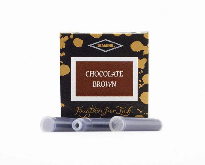 Diamine Chocolate Brown fountain pen ink cartridges and packaging box on a white background.