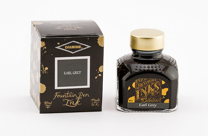 Diamine Earl Grey fountain pen ink bottle and packaging on a white background.