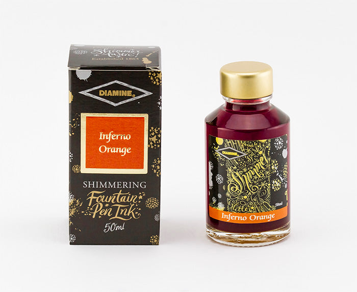 Diamine Inferno Orange fountain pen ink bottle and packaging on a white background.