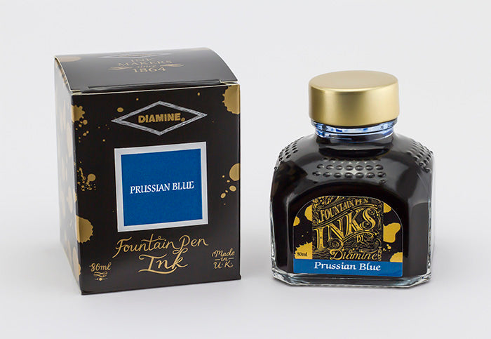 Diamine Prussian Blue fountain pen ink bottle and packaging on a white background.