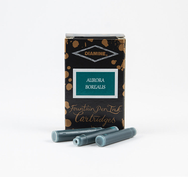 Diamine Aurora Borealis fountain pen ink cartridges and packaging box on a white background.