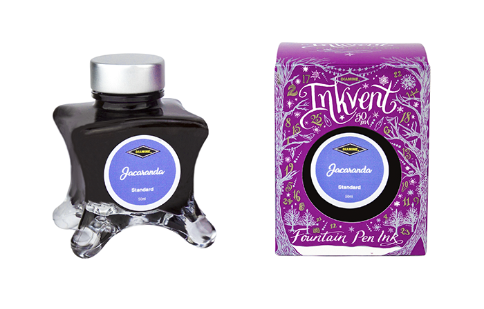 Diamine Jacaranda fountain pen ink bottle and packaging on a white background.
