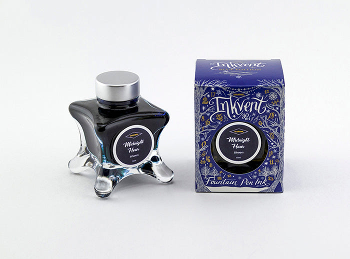 Diamine Midnight Hour fountain pen ink bottle and packaging on a white background.