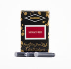 Diamine Monaco Red fountain pen ink cartridges and packaging box on a white background.