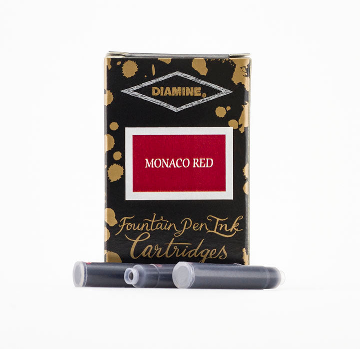 Diamine Monaco Red fountain pen ink cartridges and packaging box on a white background.