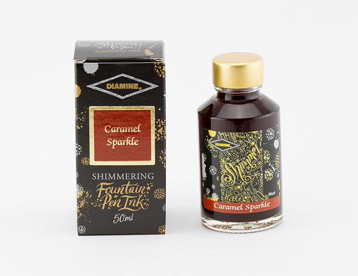Diamine Caramel Sparkle fountain pen ink bottle and packaging on a white background.