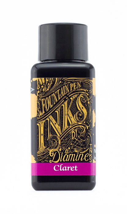 Diamine Claret fountain pen ink bottle and packaging on a white background.
