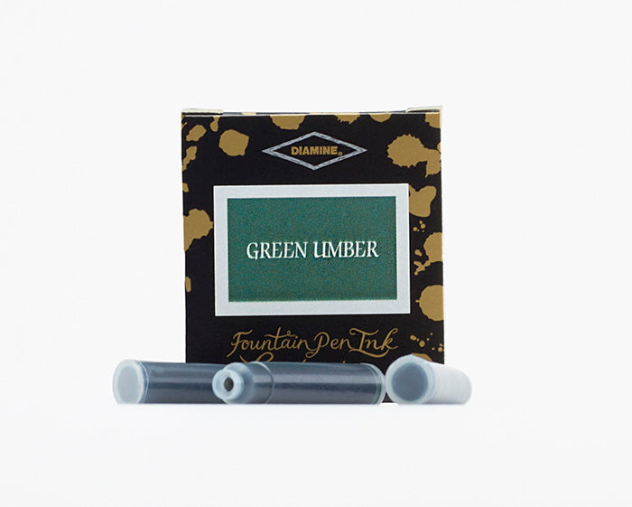 Diamine Green Umber fountain pen ink cartridges and packaging box on a white background.