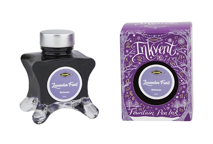 Diamine Lavender Frost fountain pen ink bottle and packaging on a white background.