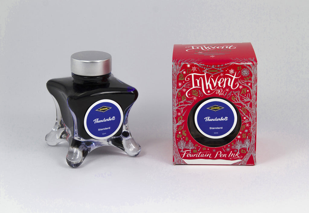 Diamine Thunderbolt fountain pen ink bottle and packaging on a white background.