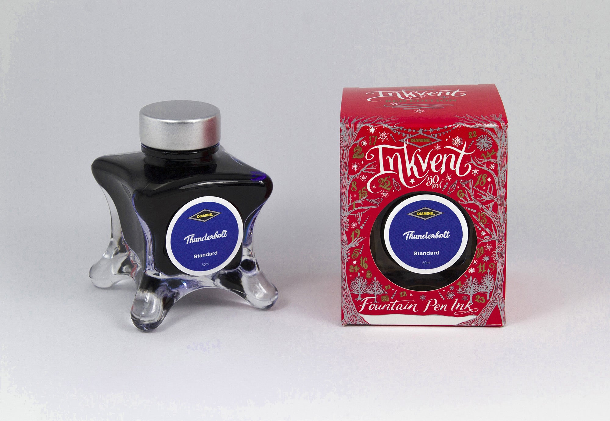 Diamine Thunderbolt fountain pen ink bottle and packaging on a white background.