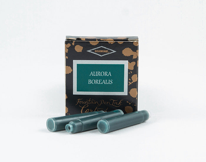 Diamine Aurora Borealis fountain pen ink cartridges and packaging box on a white background.