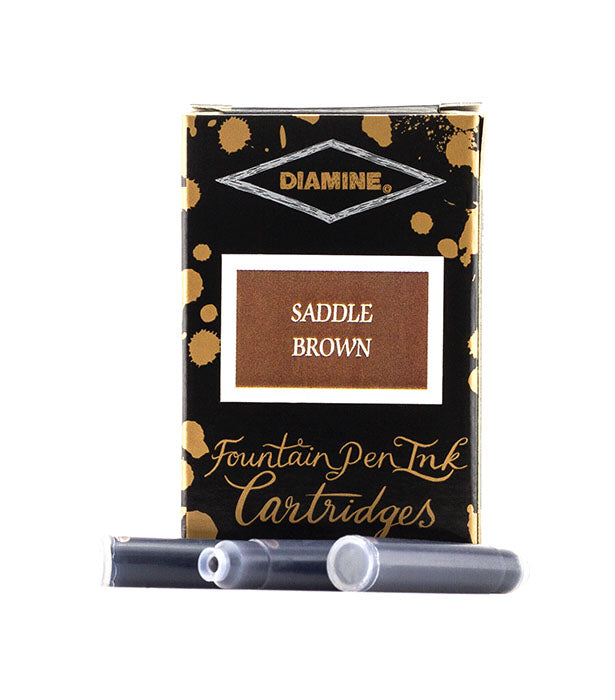 Diamine Saddle Brown fountain pen ink cartridges and packaging box on a white background.